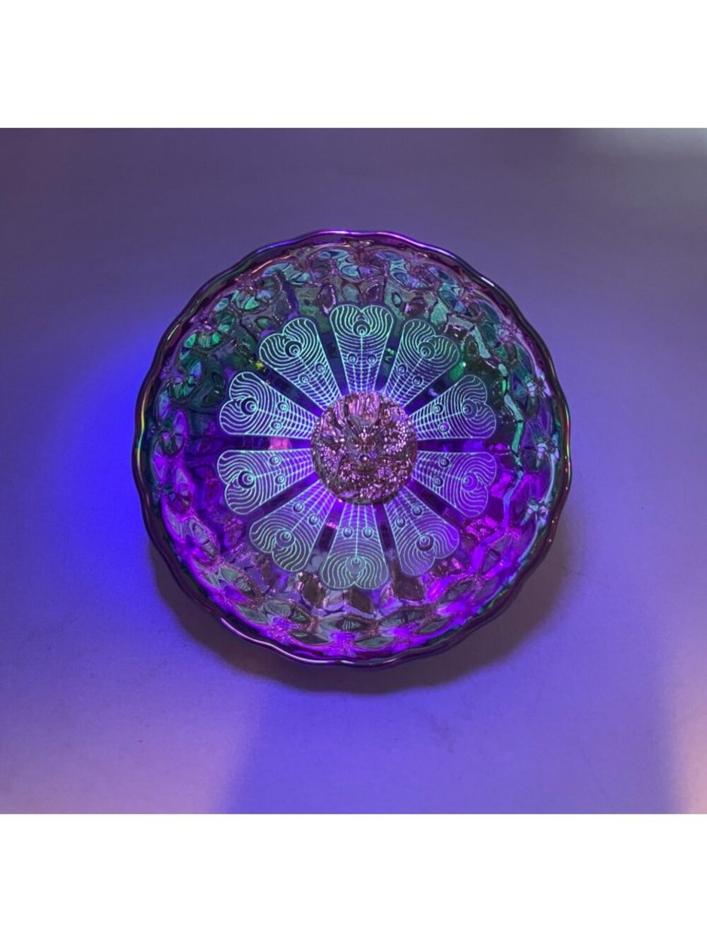 Dragon Motif Iridescent Glass Bowl With Peacock Pattern - Picture 5 of 9